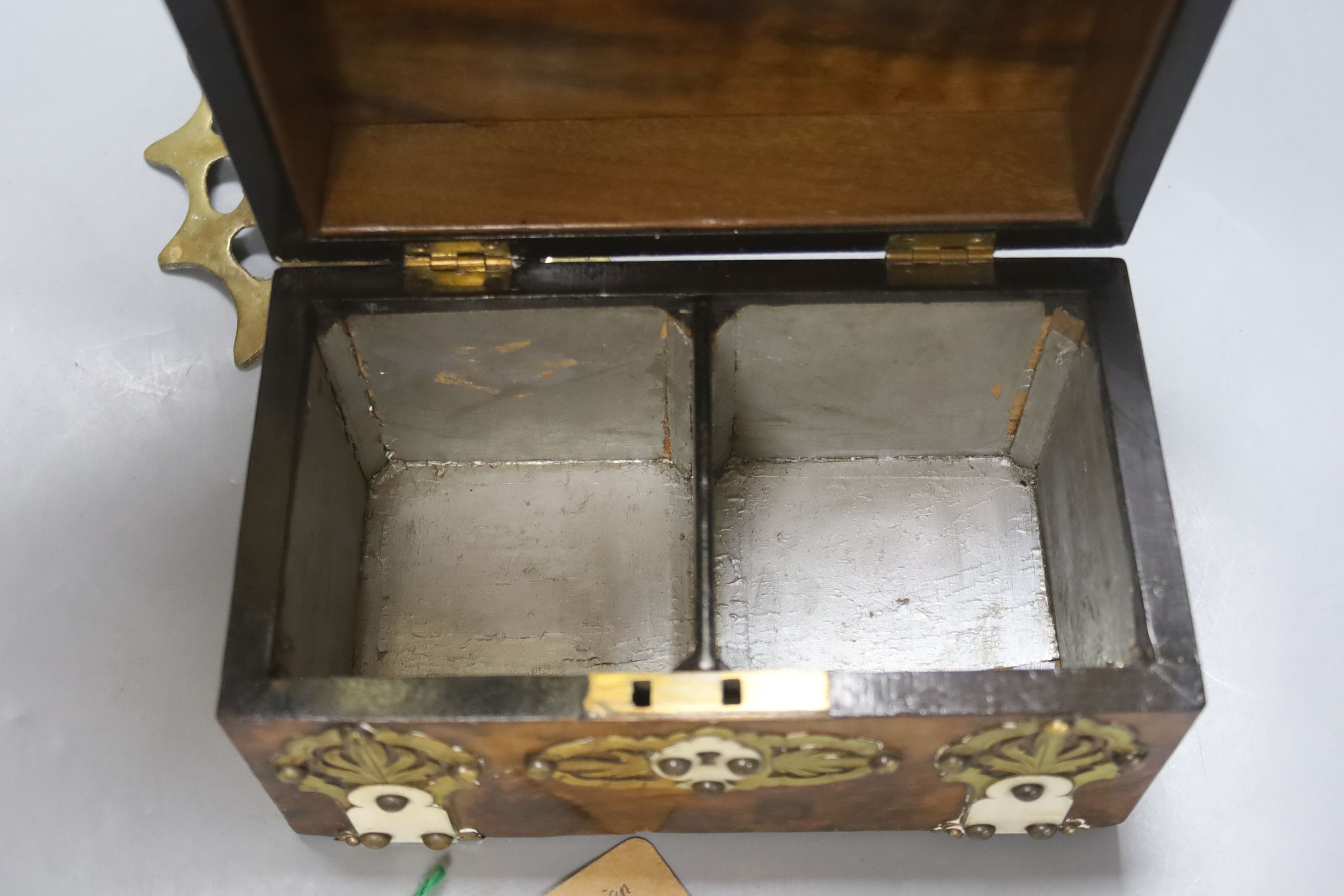 A Victorian brass mounted walnut tea caddy and a brass novelty stick stand, height 65cm